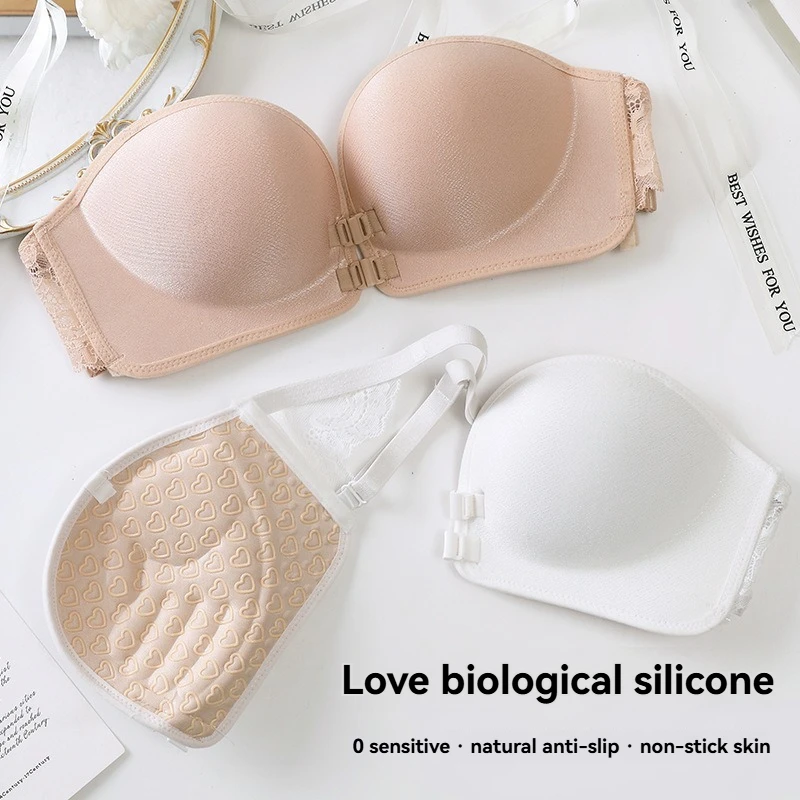 Gloednieuwe strapless strapless bh met knoop aan de voorkant en anti-drop-functie, kleine borst verzameld, onzichtbare borstomslag, geen spoorbeha