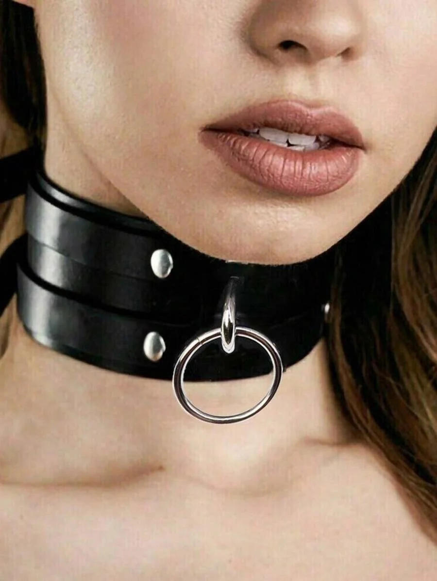PU Leather Wide Choker Collar Metal O Ring Stud Rivet Punk Gothic Sexy Body Jewelry for Women Club Party Rave Cosplay