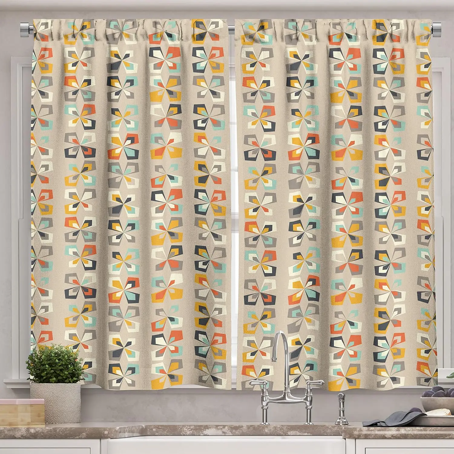 Geometric Long Kitchen Curtains, Mid Century Modern Pattern of Colorful Retro Shapes and Forms Art Print, Two Panels Drapes with