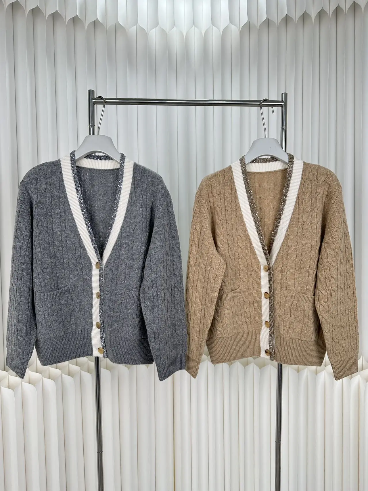 Women's V‑Neck Cable Knit Cardigan Glitter Contrast Trim Pocket Button‑Front Long‑Sleeve Sweater Coat
