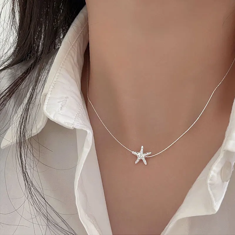 PANJBJ 925 Sterling Silver Starfish Choker Necklace For Women Pendant Sweet Romantic Minimalism Ins Jewelry Gift Dropshipping
