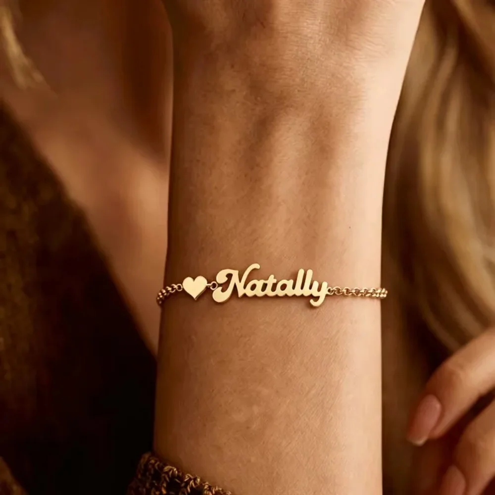 Personalized Heart Name Bracelets For Women Jewelry Stainless Steel Script Nameplate Charm Bracelet Perfect Gift For Her