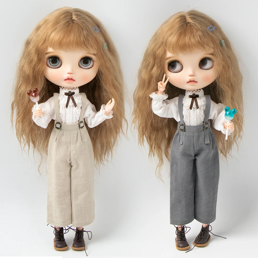 Blyth Clothes Fashion Lace Bow Long Sleeve Shirt Overalls Pants Set for Ymy Licca Azones Ob22 24 27 Ker YMY Doll Accessories