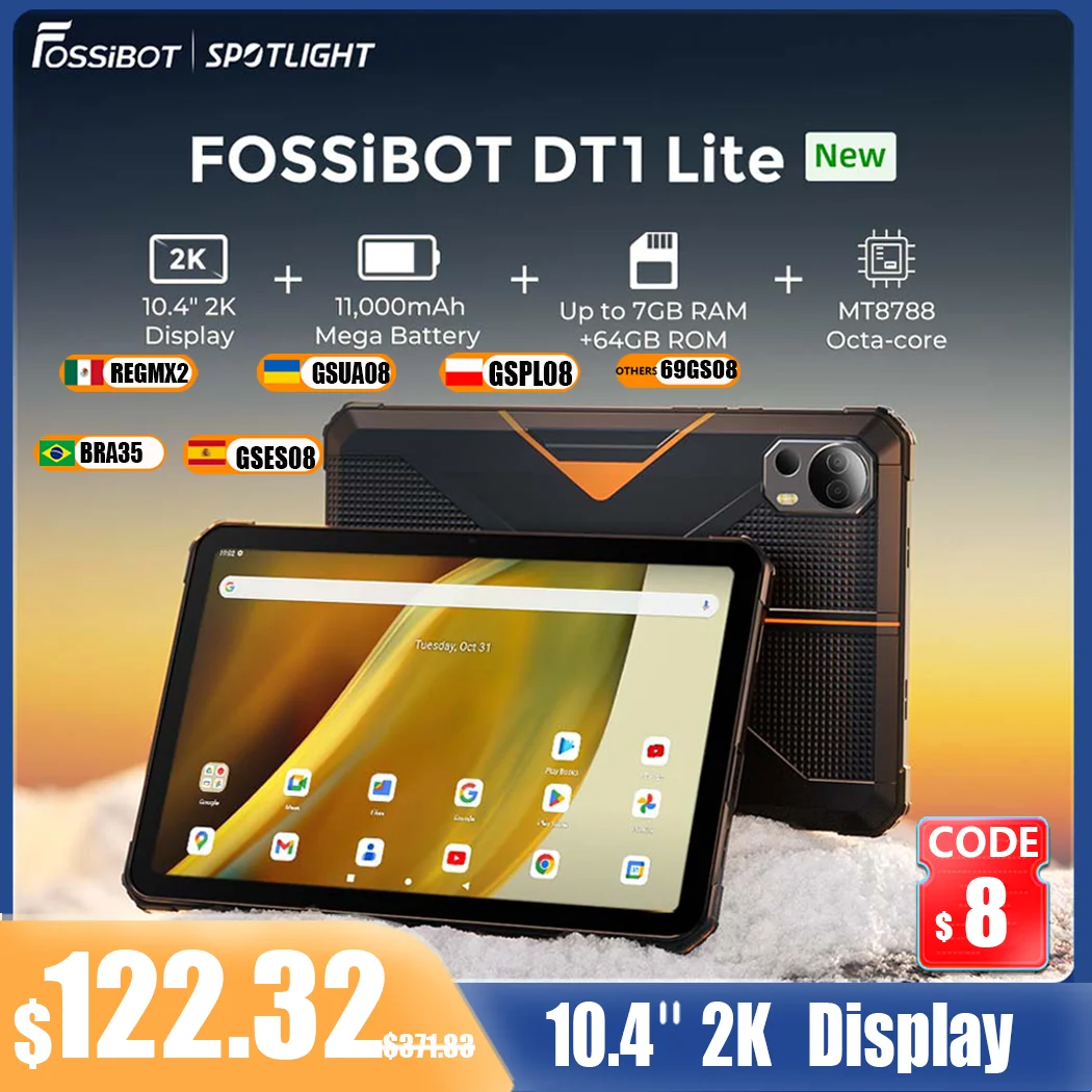 Fossibot DT1 Lite, robustes Tablet, Android 13, 10,4\'\' 2K-Großbildschirm, 4 GB RAM 64 GB RAM, 11000 mAh Akku, vier hochauflösende Lautsprecherpolster