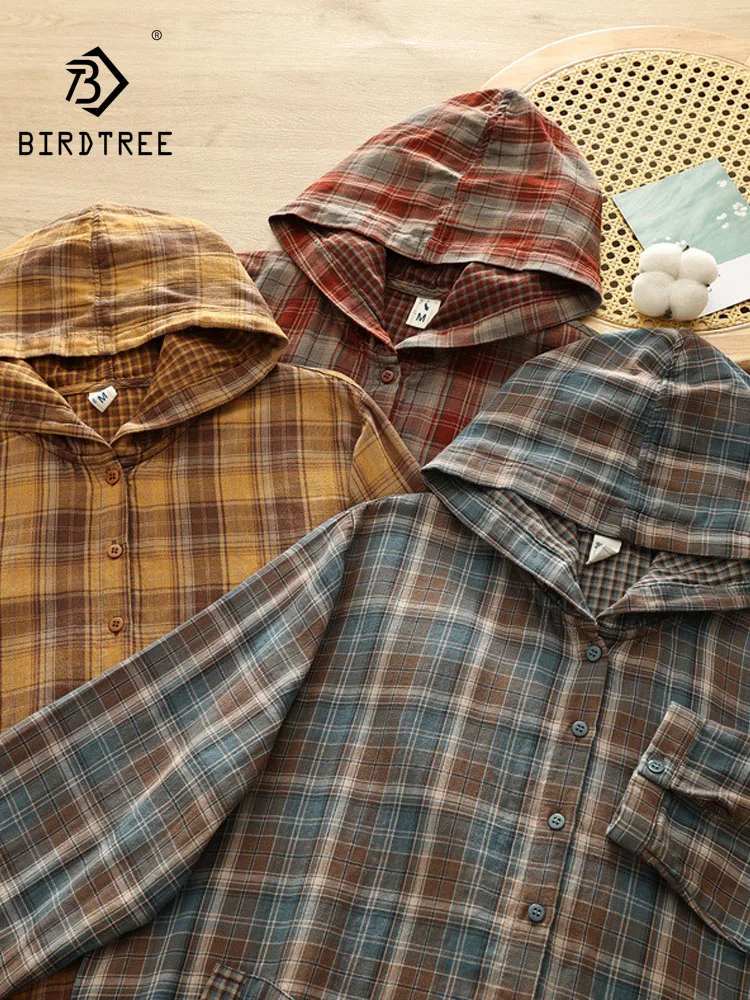 New 2026 Autumn Women Cotton Yarn Hooded Shirt, Long Sleeve Plaid, Mori Girl England Style Comfortable Loose Blouse T69123CC