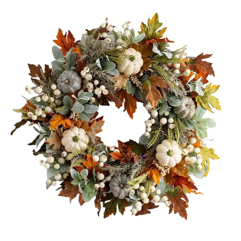 

1pc Autumn Harvest Maple Leaf Wreath Garland Simulation Pumpkin Door Porch Hanging Wreath Thanksgiving Halloween Decor