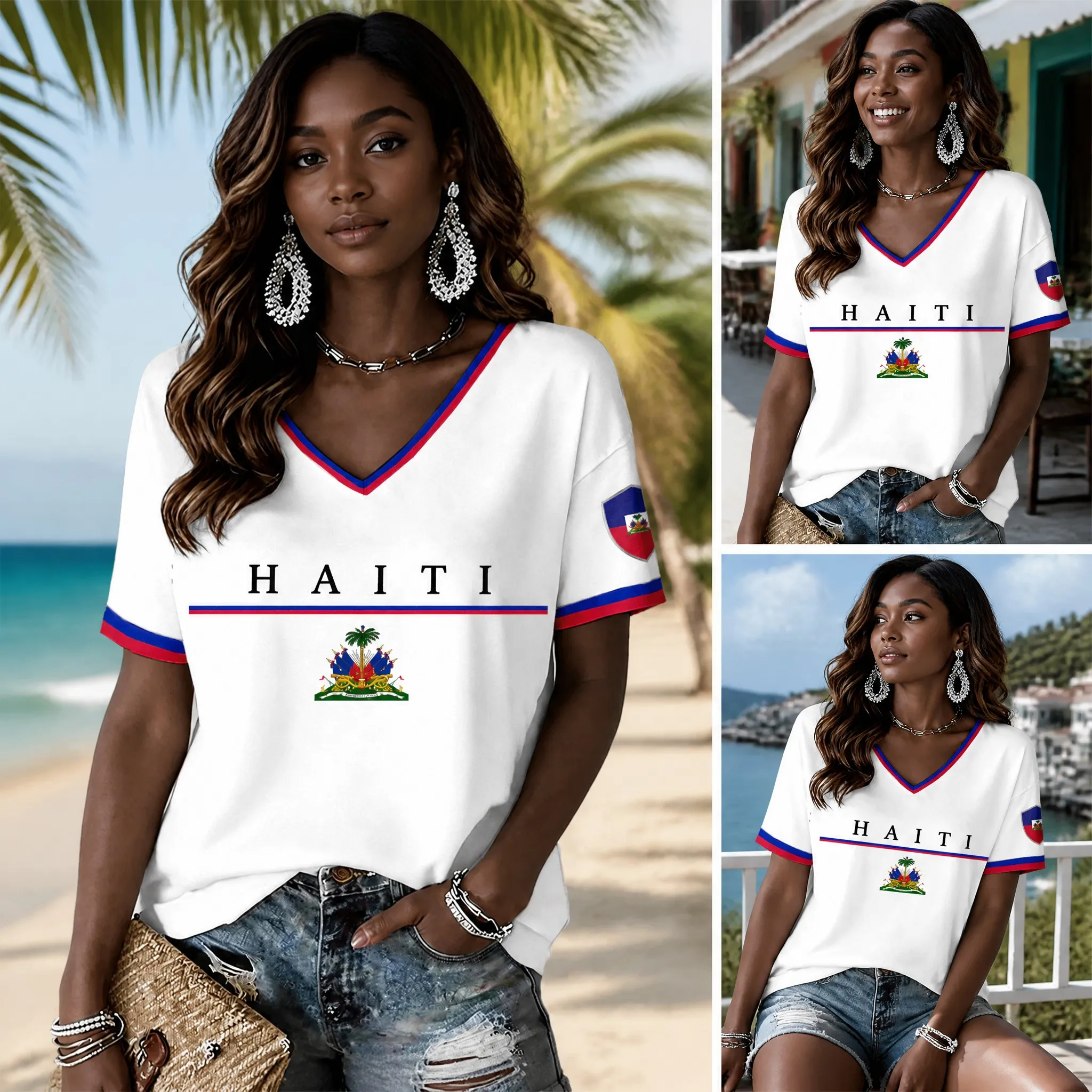 T-shirt décontracté à col en V et manches courtes pour femme, style minimaliste, idéal pour la plage, les vacances, l'été, ou comme chemisier ample pour le quotidien et les loisirs.