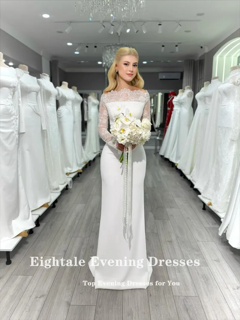 فستان زفاف عربي Eightale بدون حمالات مخصص من الساتان العاجي بأكمام طويلة من الدانتيل فستان زفاف حورية البحر فستان حفلات العروس #2