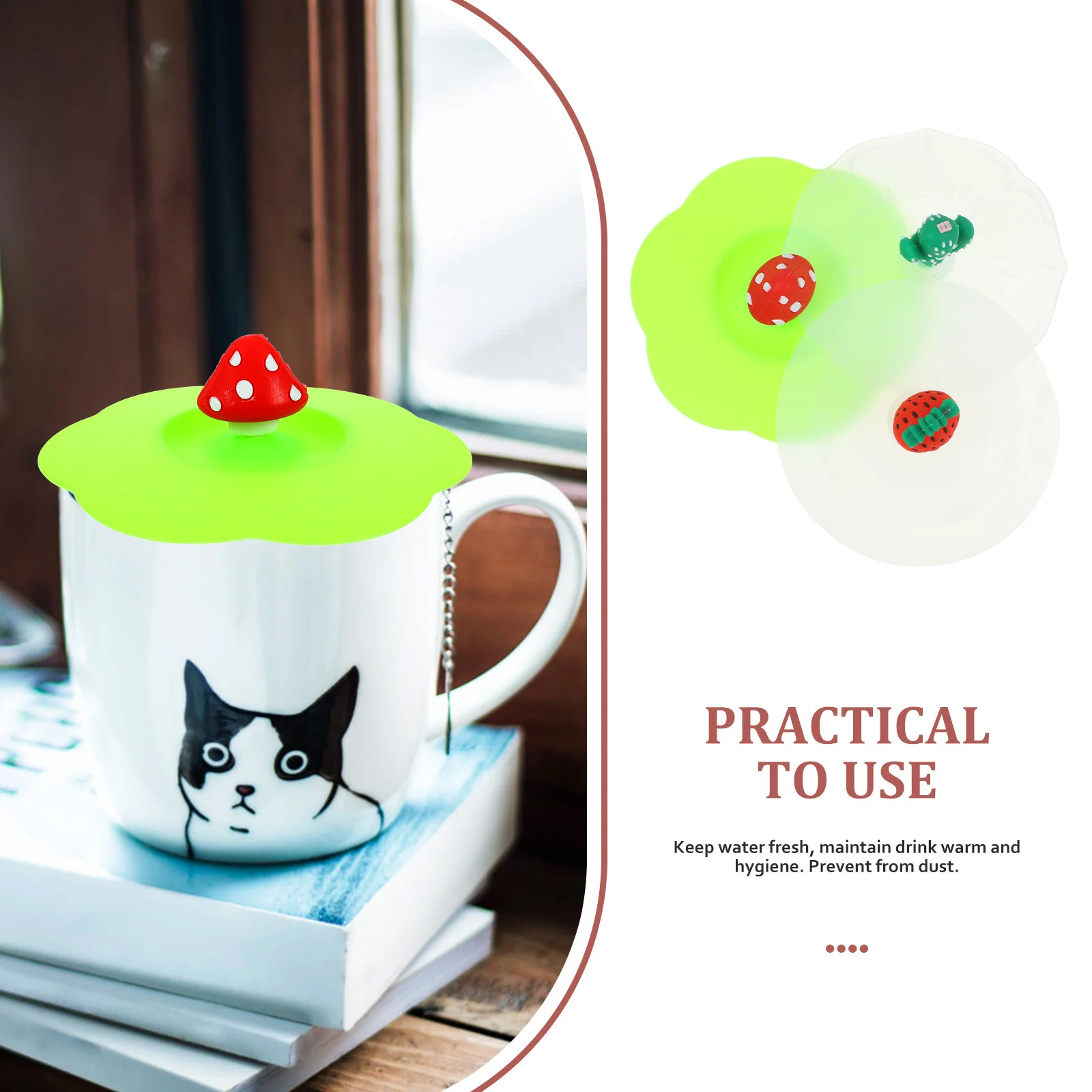 

3Pcs Silicone Mug Cover Cartoon Cup Lids Sealed Anti-Dust Drink Lid Green Plum Red Mushroom Transparent Rose Cactus Strawberry