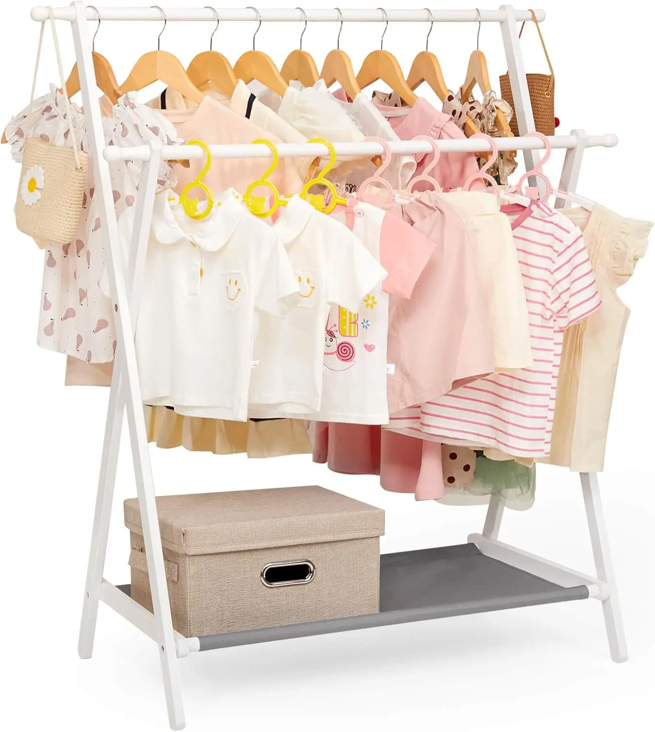 Appendiabiti per bambini con 2 aste per appendere, 4 ganci, ripiano portaoggetti - Supporto pieghevole in bambù