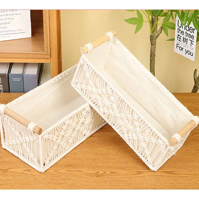 Bohemian Style Storage Containers Cotton Rope Hand Woven Rectangle Desktop Sundries Storage Basket Make Up Organizer