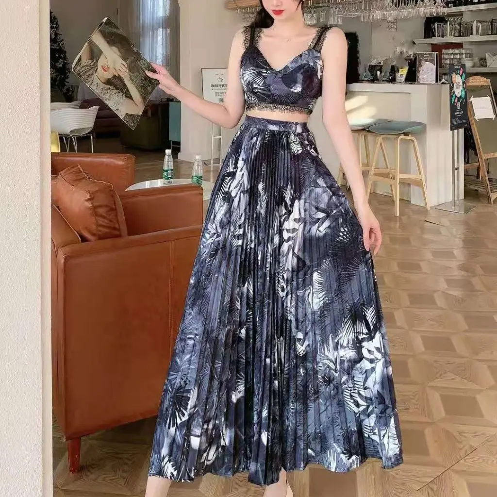 

Шифоновый комплект с черным краем и кружевной строчкой, жилет и юбка без рукавов, с высокой талией, большая распашная юбка в стиле Art Academy