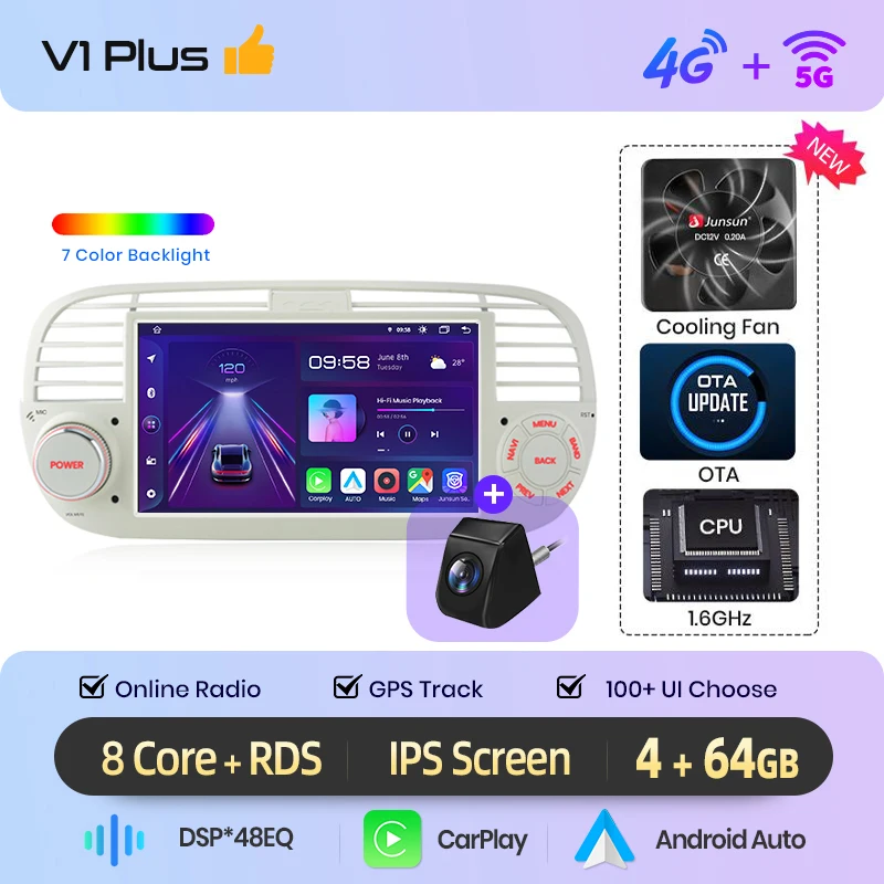 Junsun 7 inch Android autoradio voor Fiat 500 2007 - 2015 draadloos voor Apple CarPlay Auto IPS touchscreen stereo multimediaspeler automotive slimme intelligente systemen 2 Din autoradio head unit