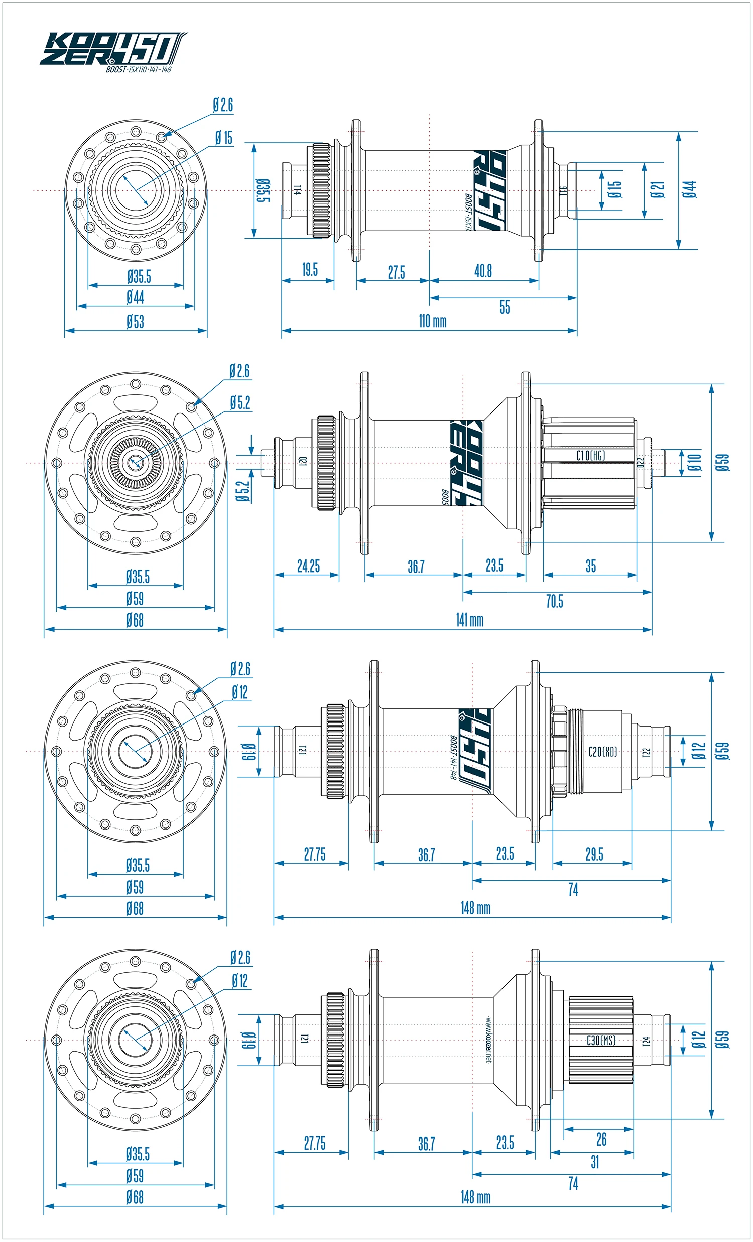 Koozer 450 Vorderradnabe 32 Löcher Boost Center Lock Disc J-Bend 15x110mm Steckachse 2 Gedichtete Lager E-Bike Teile MTB Fahrradnaben – Detail 4