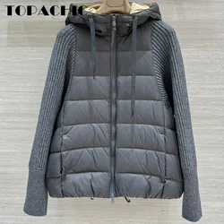 8.31 TOPACHIC-Women Bead Chain Zipper Wool Knit Long Sleeve Spliced Hooded Down Jacket Keep Warm Comfortable All-match Coat