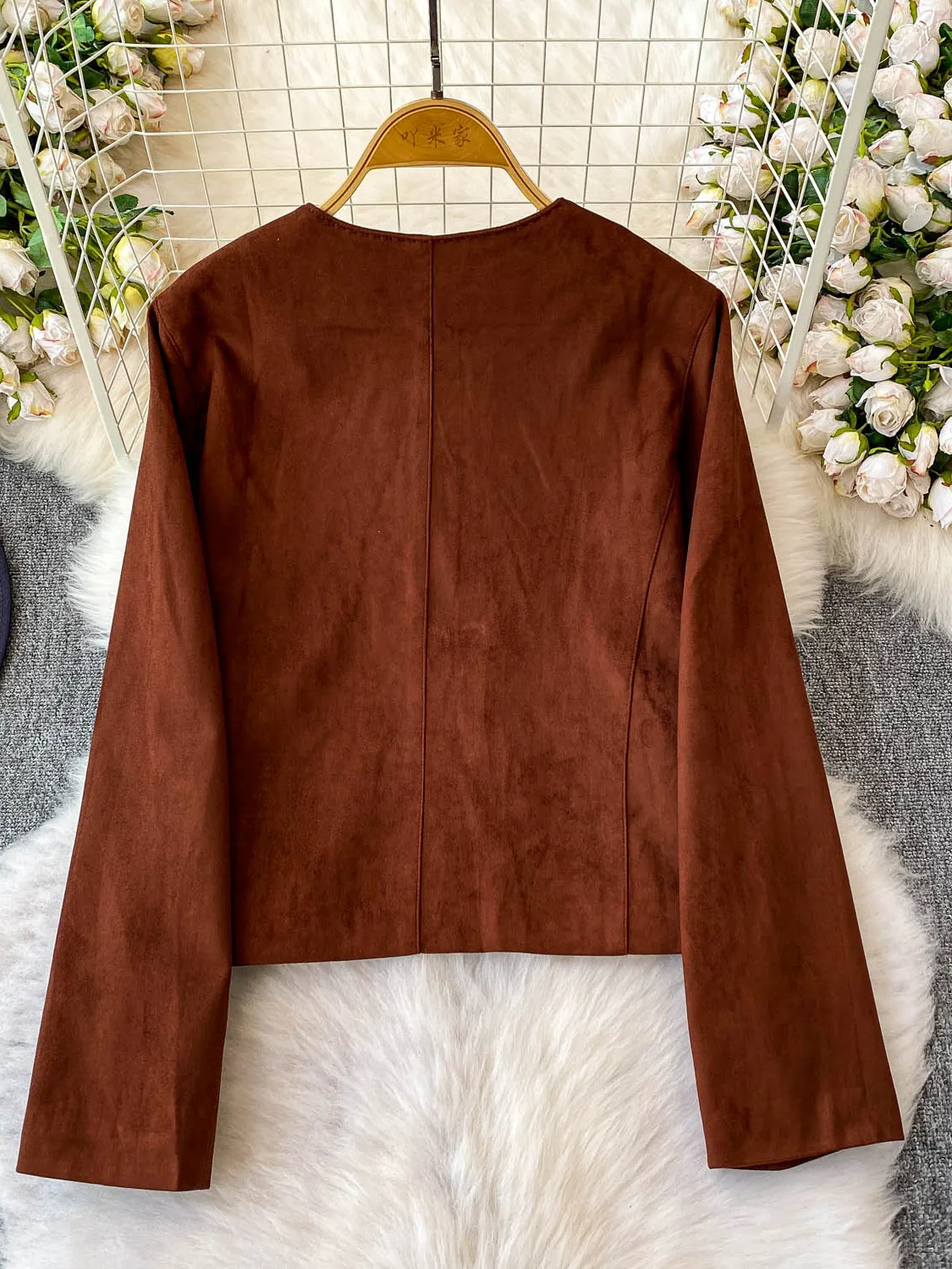 Ele Long Sve Deer Skin Velvet Coat Women's Loose Fit round Ne Button up Slimming Top Trendy Commute Sle Autumn Win...