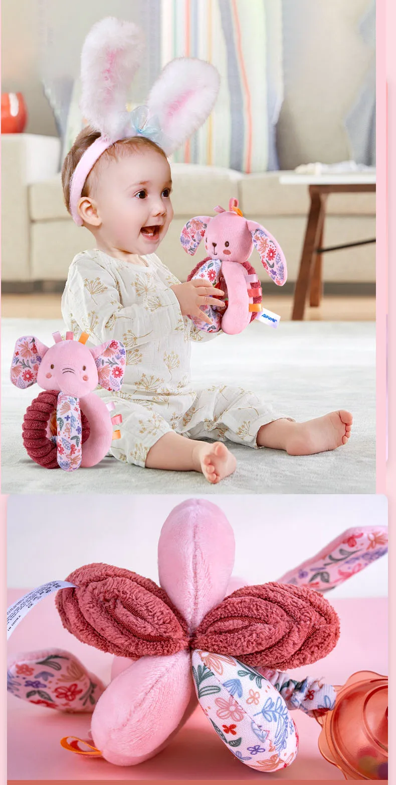 Sonajeros para bebé recién nacido, elefante de peluche, conejito, juguetes, cochecito, cama, campana colgante, desarrollo, juguete sensorial suave arrugado y chirriante