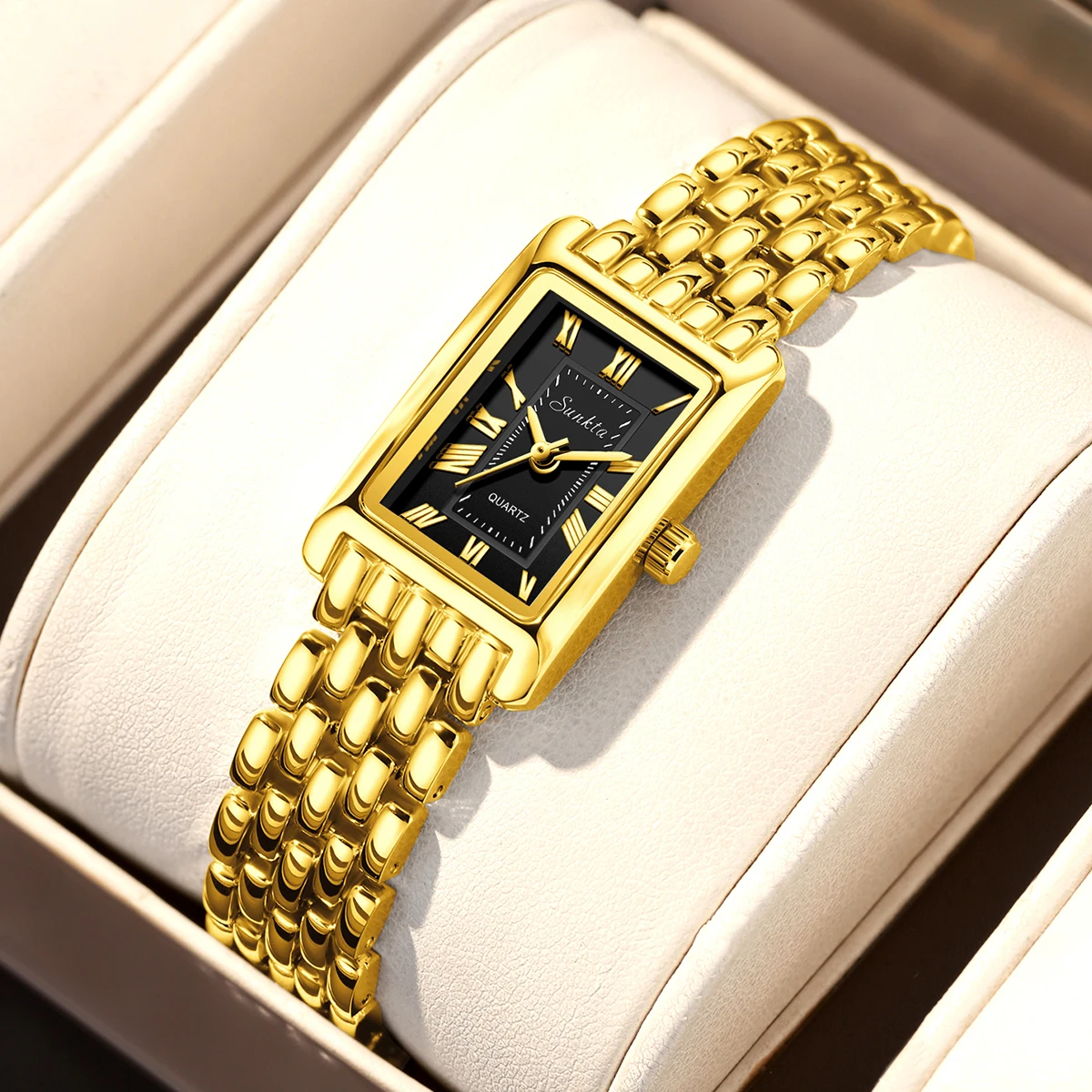 SUNKTA Fashion Women Quartz Watch Luxury Ultra Thin Analog Wristwatches Reloj Mujer Girls Rectangle Clock Gift（With Gift Box）