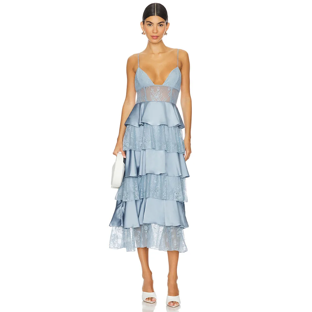 

Modern Sexy Lace Evening Gown A Line Women's Formal Prom Dress Spaghetti Straps Party Dress Tea Length Tiered Ruffles Dress