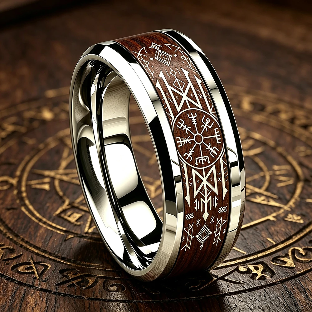 Wikinger-Kompass Vegvisir Ring mit Holzeinlage Vintage Nordischer Wikinger-Runen Edelstahlring für Männer und Frauen Amulett Schmuck Geschenke – Detail 6