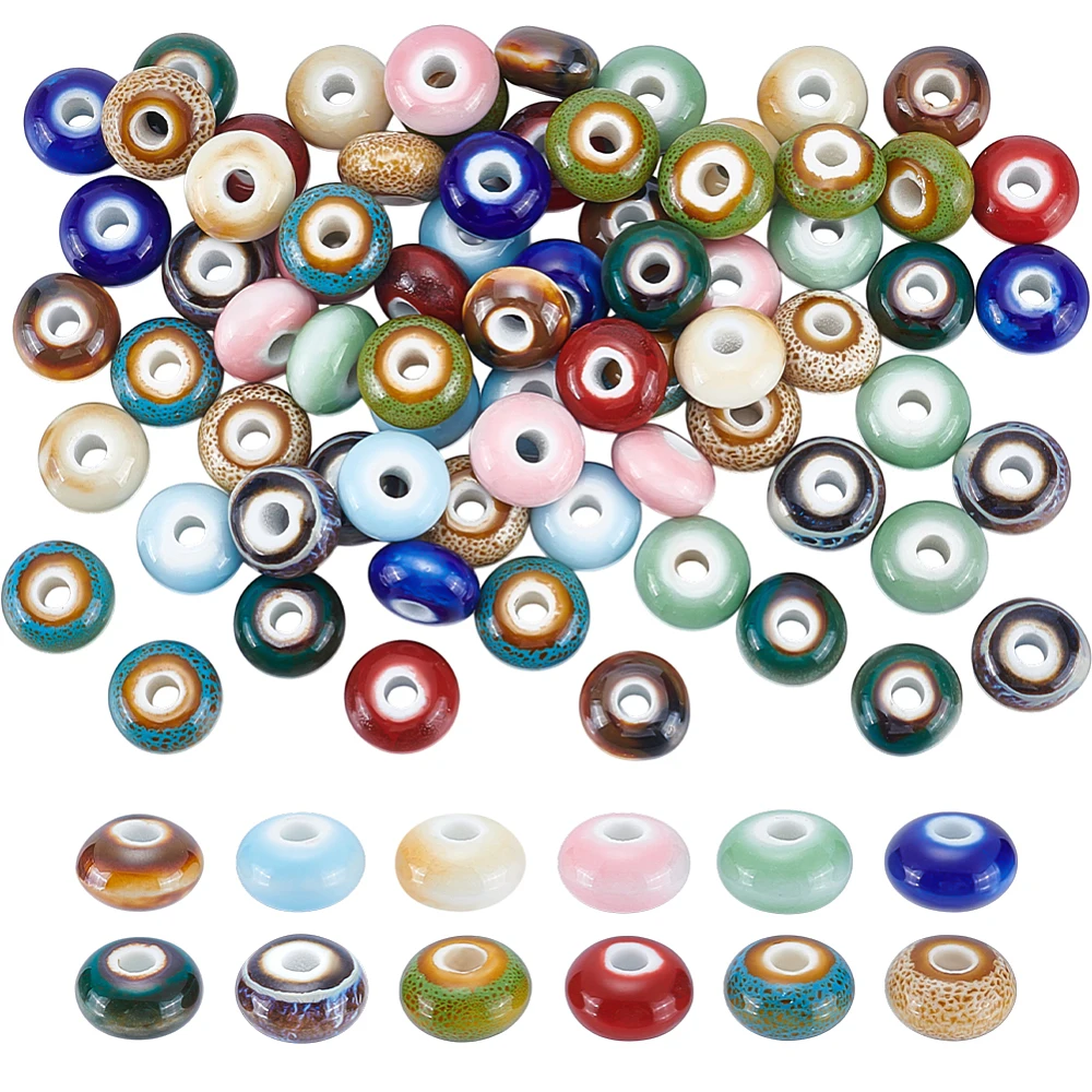 72Pcs Flat Round Ceramic European Beads Handmade Printed Porcelain Beads Bright Glazed Porcelain Spacer Chinese Ceramic Bead