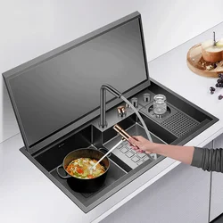 ASRAS Nanometer Flip Cover Hidden kitchen Sink 304 Stainless Steel 4mm Thickness Handmade Stepped Sinks Cup Rinser Sinks