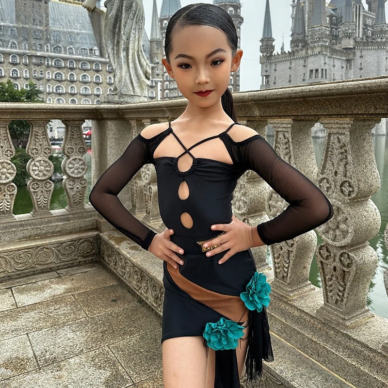 

Customized Latin Dance Suit Practice Dress Girls' Professional Competition Performance Dress Black Mesh Flower Set Top and Skirt