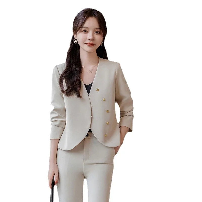 Fashion Women Pant Suit Spring Coffee Beige Black Office Ladies V-Neck Slim Jacket Blazer And Trouser Female Formal 2 Piece Set