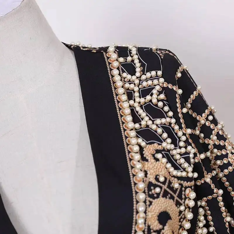 Veste blazer à col en V avec perles tendance pour femmes, style vintage, tendance de la rue, manches longues, vêtements de costume