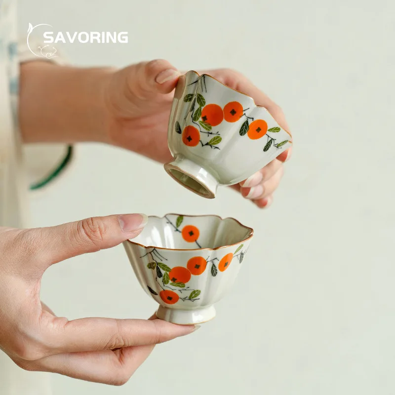 Grass Ash Tea Cup Ceramic Master Cup Creative Hand-painted Persimmon Petal Aesthetic Cups Cup For Tea Bowl Puer Chinese Teacup