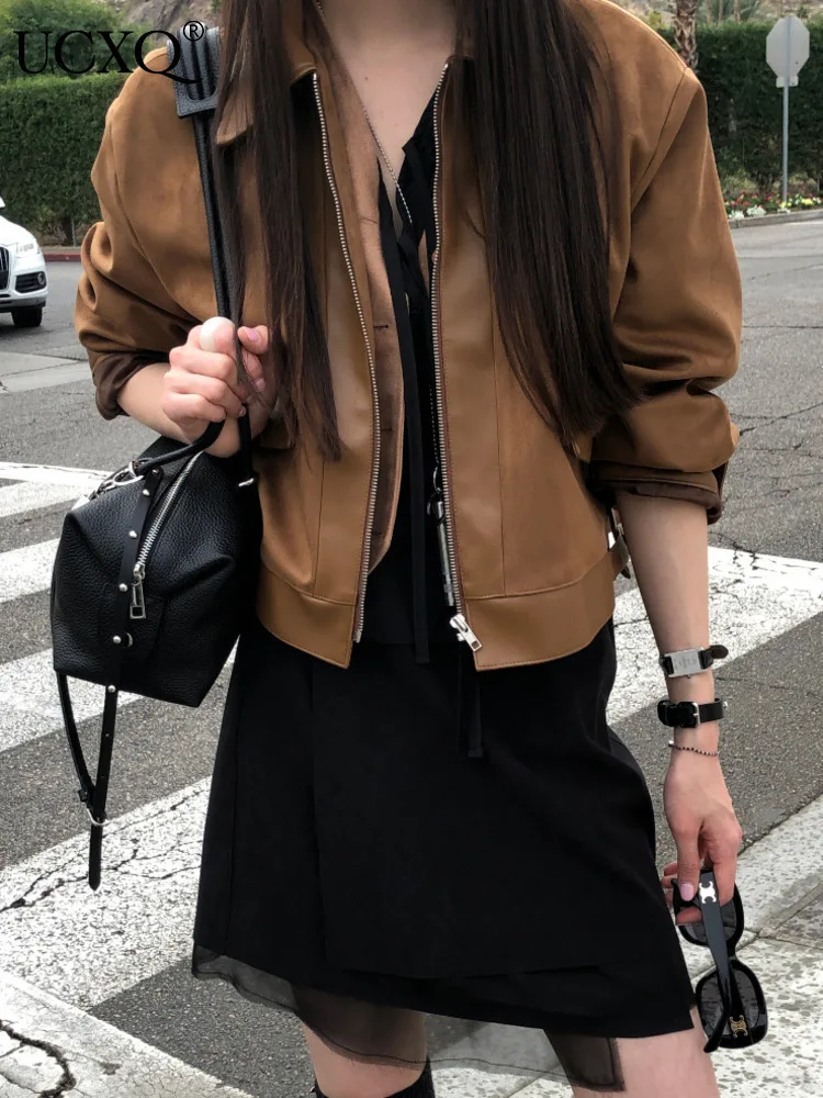 UCXQ Fashion Tide Jacket British Style Lapel Office Lady All Match Splicing Short PU Leather Coat Women 2025 Spring Autumn C2700