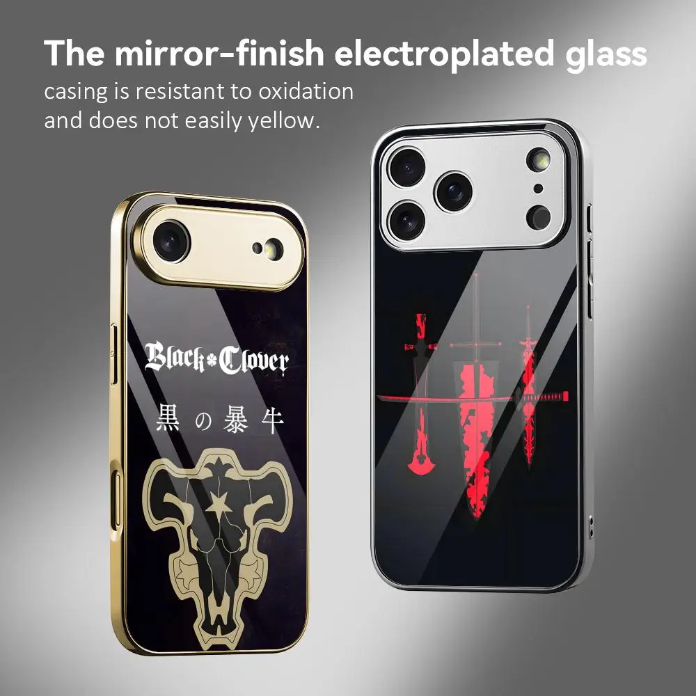 Coque de téléphone anime Black C-Clover pour iPhone 17 16 15 14 13 12 Pro Max Plus, pare-chocs en métal électroplaqué antichoc
