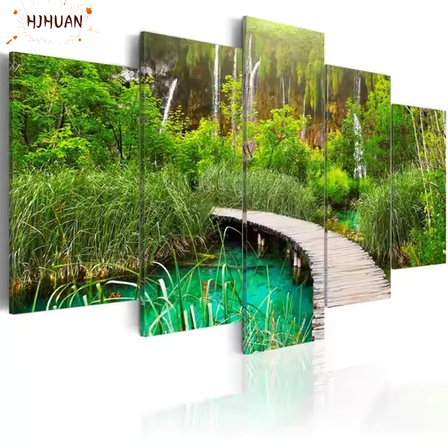 5pcs 5D Diy Diamond Painting Bridges, grass, trees Full Square/Round Diamond Embroidery Mosaic Kit HD Quality Handmade Products