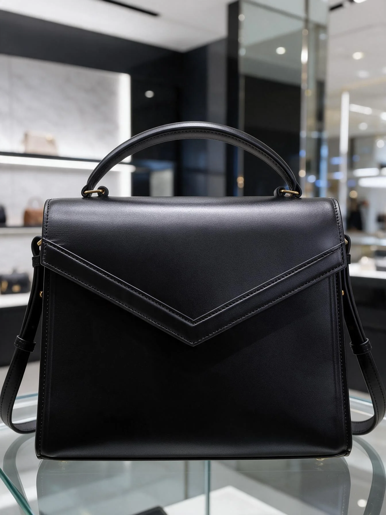 Glossy Leather Top Handle Bag Women V Shape Flap Square Crossbody Bag Minimalist Solid Commuter Handbag For Office Lady