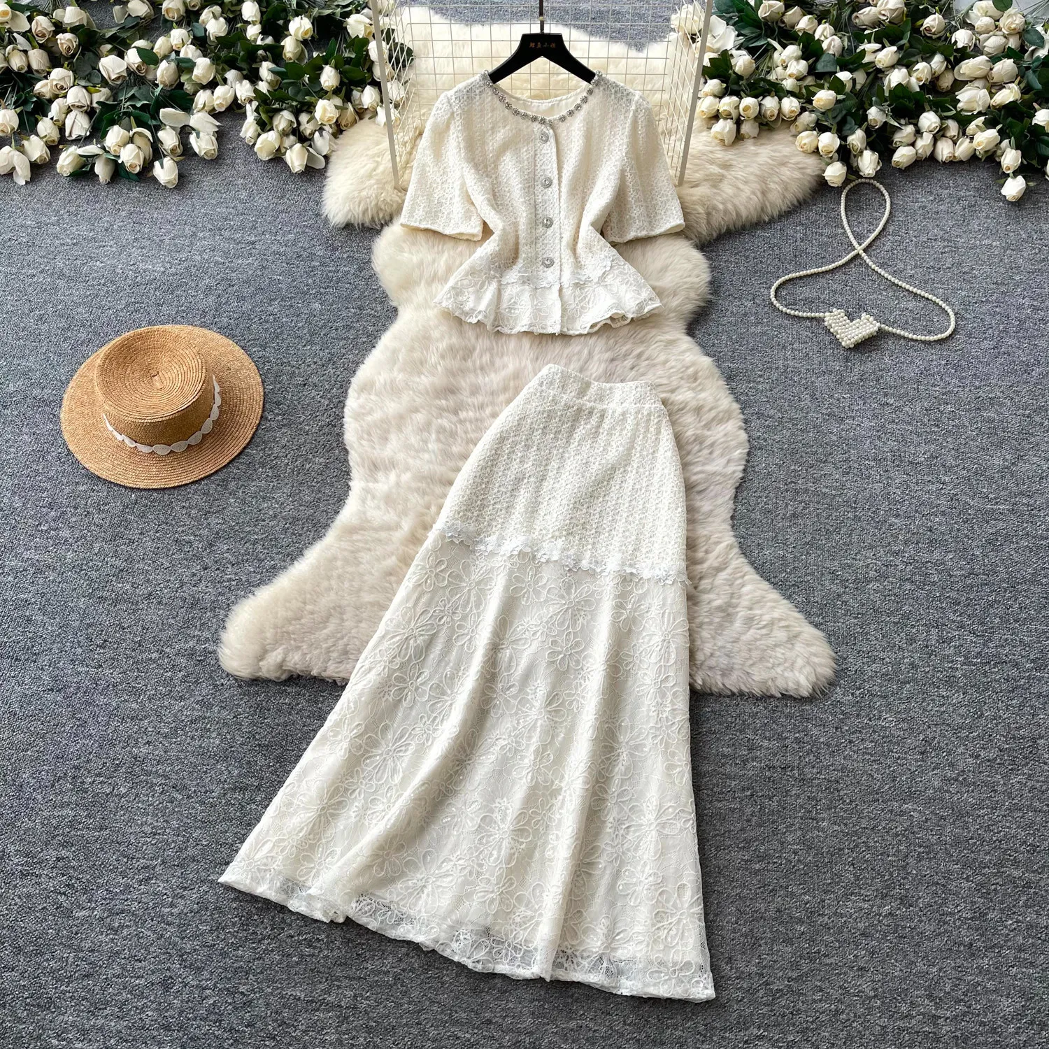 Women Two Piece Sets Skirt Set Sequins Lace Short Sleeve Tops Long Skirts High Waist Y2k Streetwear Elegant Work Slim Fit 2026