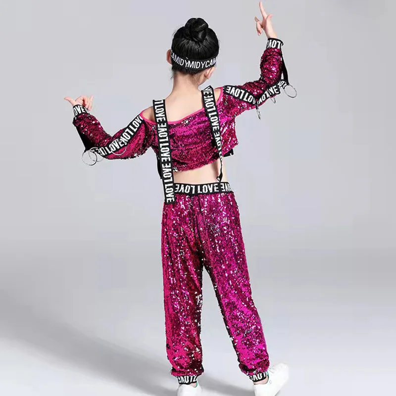 JinYing New Sequins Children Perform Jazz Dance Costumes Dance Girls Jazz Strapless Long Sleeve Hiphop Clothing Hip-Hop Dance