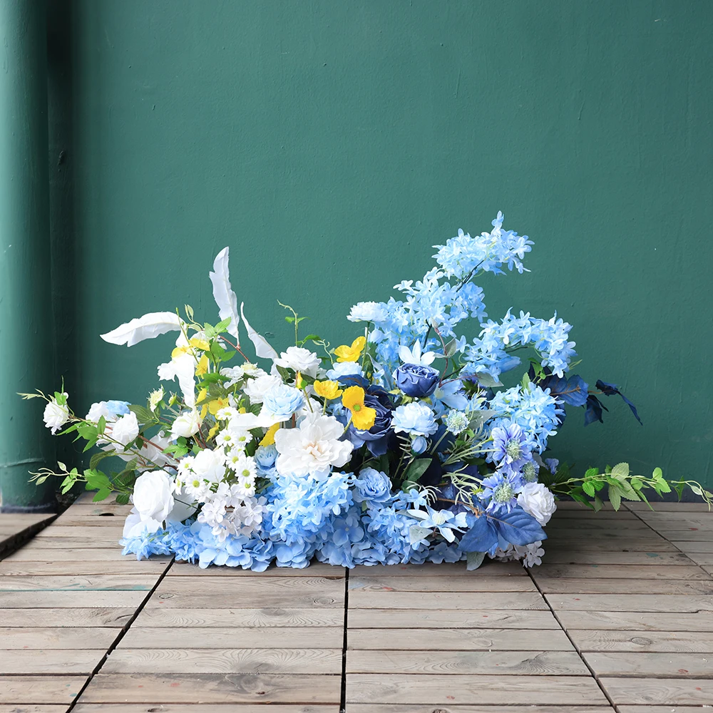 Artificial Flowers Wedding Decoration Custom High Quality Blue Fake Floral Arrangement W2.4ft Rose Wildflowers Runner HY2293