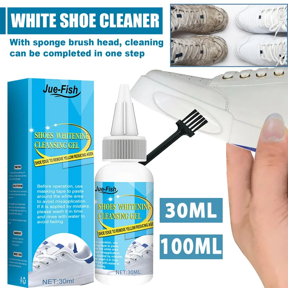 30/100ml White Shoes Cleaner with Tape & Brush Shoes Whitener Multifunction White Shoe Cleaning Agent for Canvas Fabric