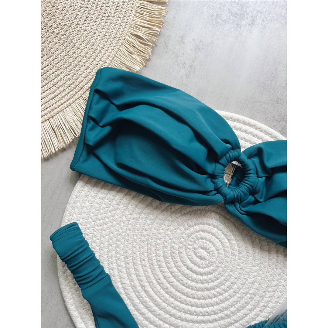 Gefalteter Bandeau-Bikini mit hohem Beinausschnitt, Mini-Tanga, Damen-Badeanzug, zweiteiliges Bikini-Set, Badebekleidung, Badeanzug, Schwimmbekleidung V6085 – Detail 16