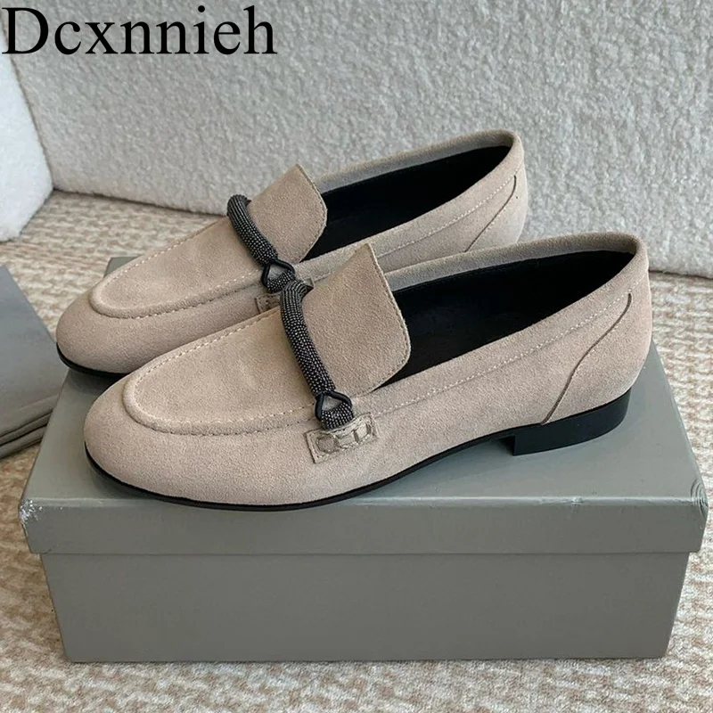 

Round Toe Suede Dou Dou Shoes Women Deep Mouth Metal Chain Bead Decor Flat Walking Shoes Spring Autumn Vacation Lazy Loafers