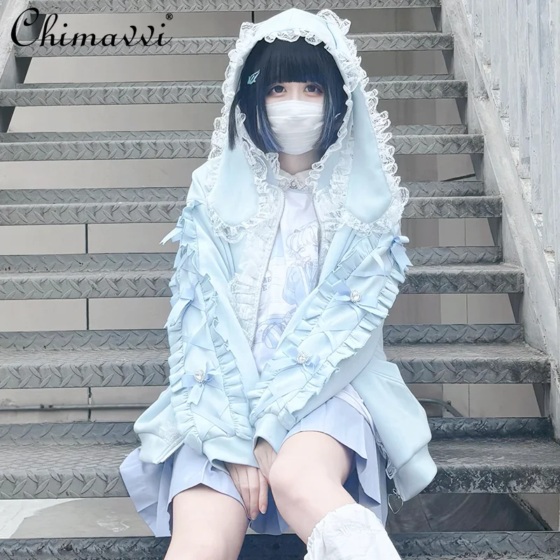 

Original Japanese Style Cute Bunny Ear Loose Coat Women Spring Autumn New Subculture Sweet Bow Long Sleeve Y2K Hooded Sweatshirt
