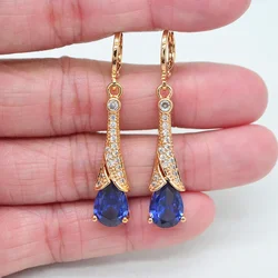 Fashion Gold Color Blue CZ Zircon Long Teardrop Dangle Wedding Earrings for Women