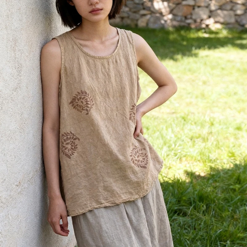 

Women Cotton Linen Tank Tops New Arrival 2026 Summer Vintage Style O-neck Floral Print Loose Female Sleeveless T-shirts M2777