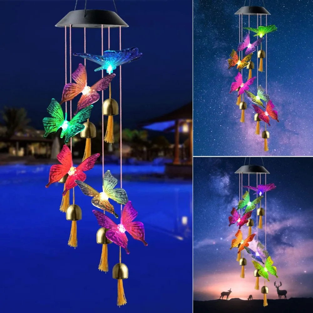 

butterfly solar wind chimes bell outdoor lights Color garden home decorative lights Christmas Garland For Garden Party Decor