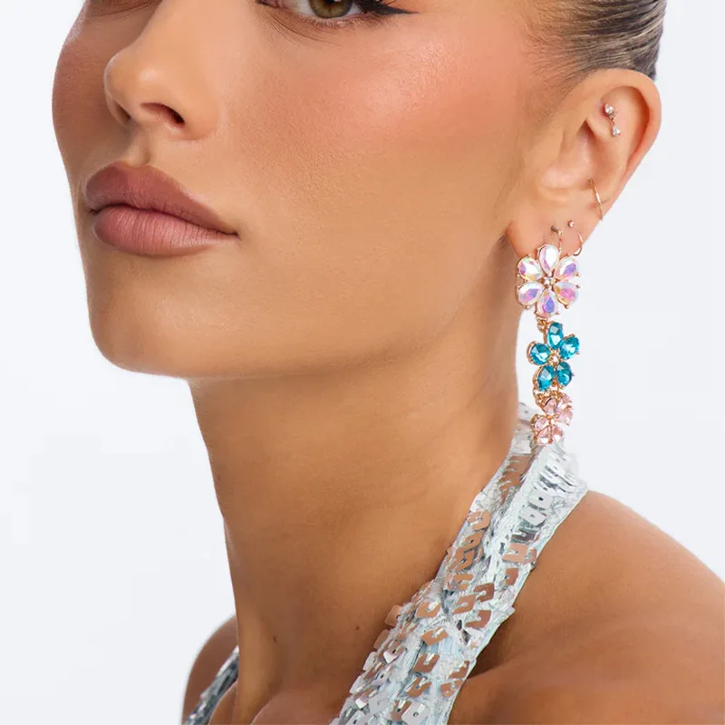 New colorful flower earrings summer dopamine rhinestone stud earrings super flash fairy accessories earrings