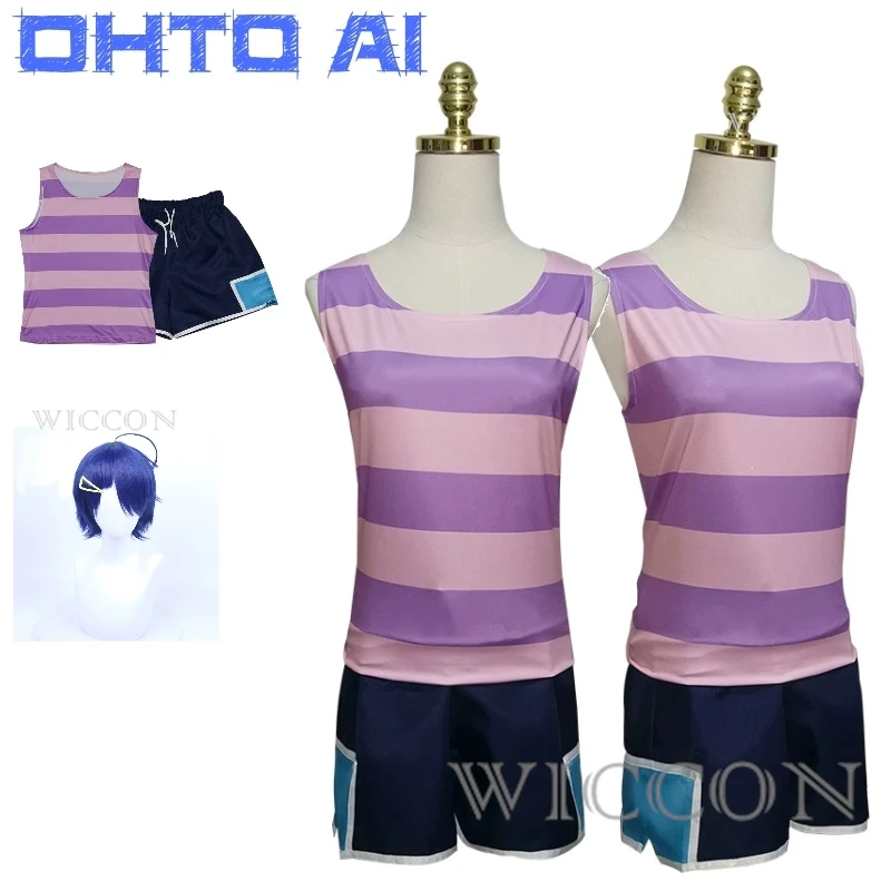 

WONDER EGG PRIORITY Ohto Ai Wearing With The Denim Shorts And Purple And Pink Striped Suspenders Cosplay Costume Anime Full Suit