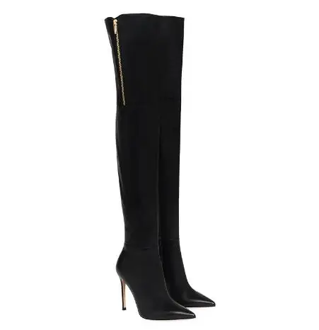 

Женские черные замшевые ботинки с золотой молнией и декором, тонкие сапоги выше колена, женские ботинки для бега на тонком высоком каблуке, длинные сапоги до бедра, осенняя обувь