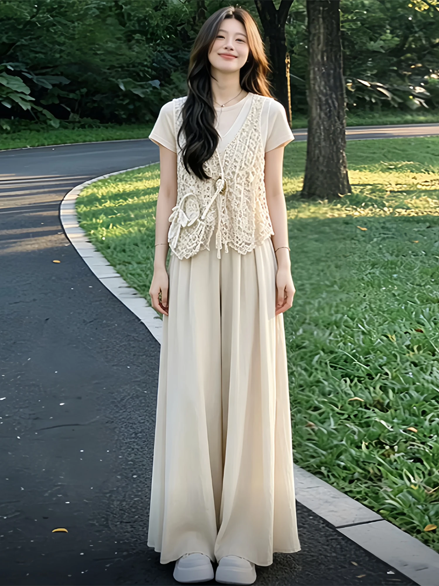 

Style Knitted Hollow out Vest Top Women's Summer Fashion Set with Wide Leg Pants Three Piece Casual Breathable Ensemble