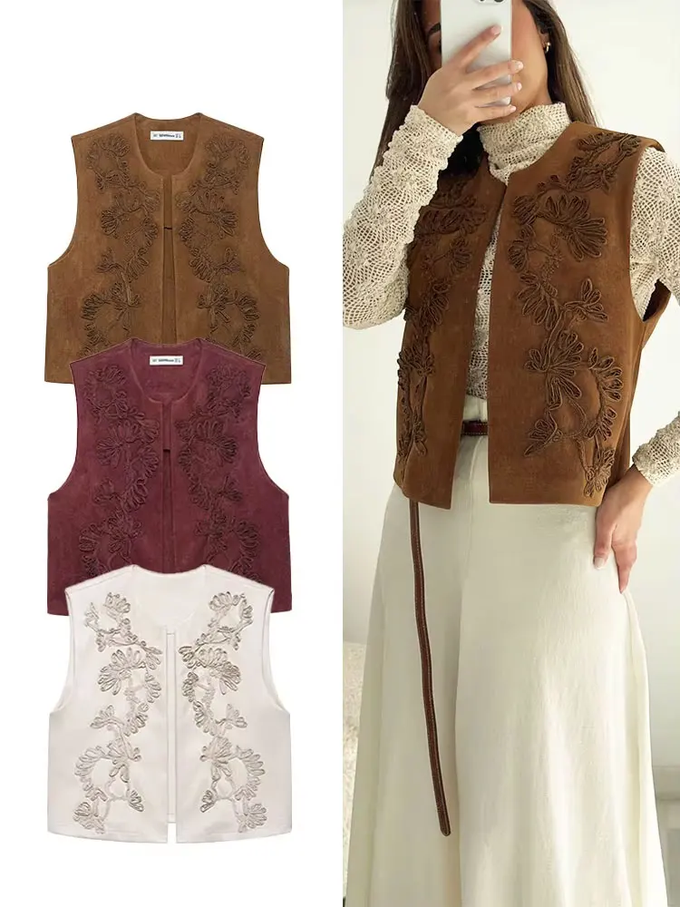 

HH женский летний винтажный жилет, однотонный жилет без рукавов с круглым вырезом и вышивкой, замшевый текстурированный повседневный жилет, шикарный кардиган