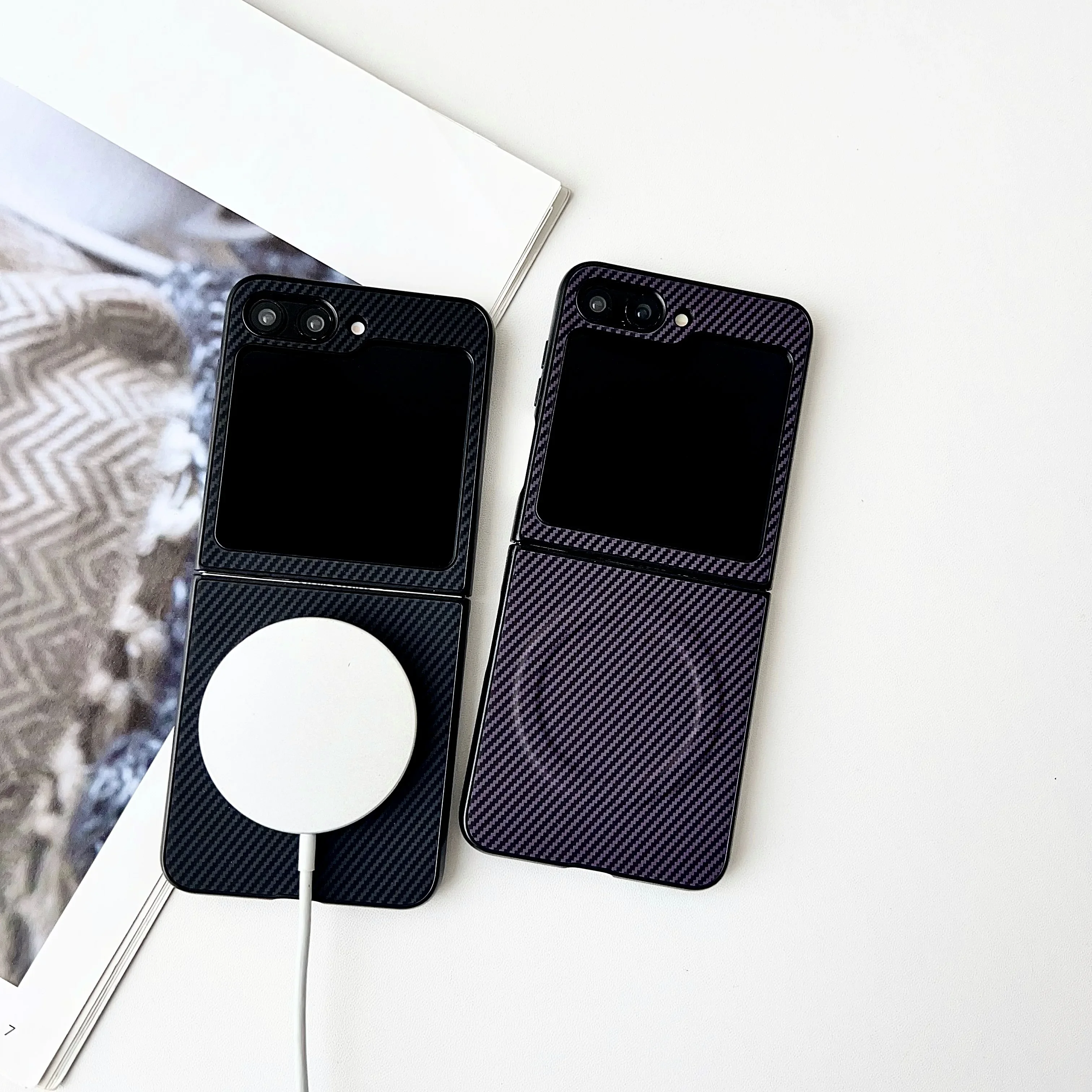 Etui na telefon Samsung Z Flip 6 5 4 3 5G Pokrowiec ochronny z włókna węglowego Magsafe Magnetyczne ładowanie bezprzewodowe Luksusowe skórzane składane